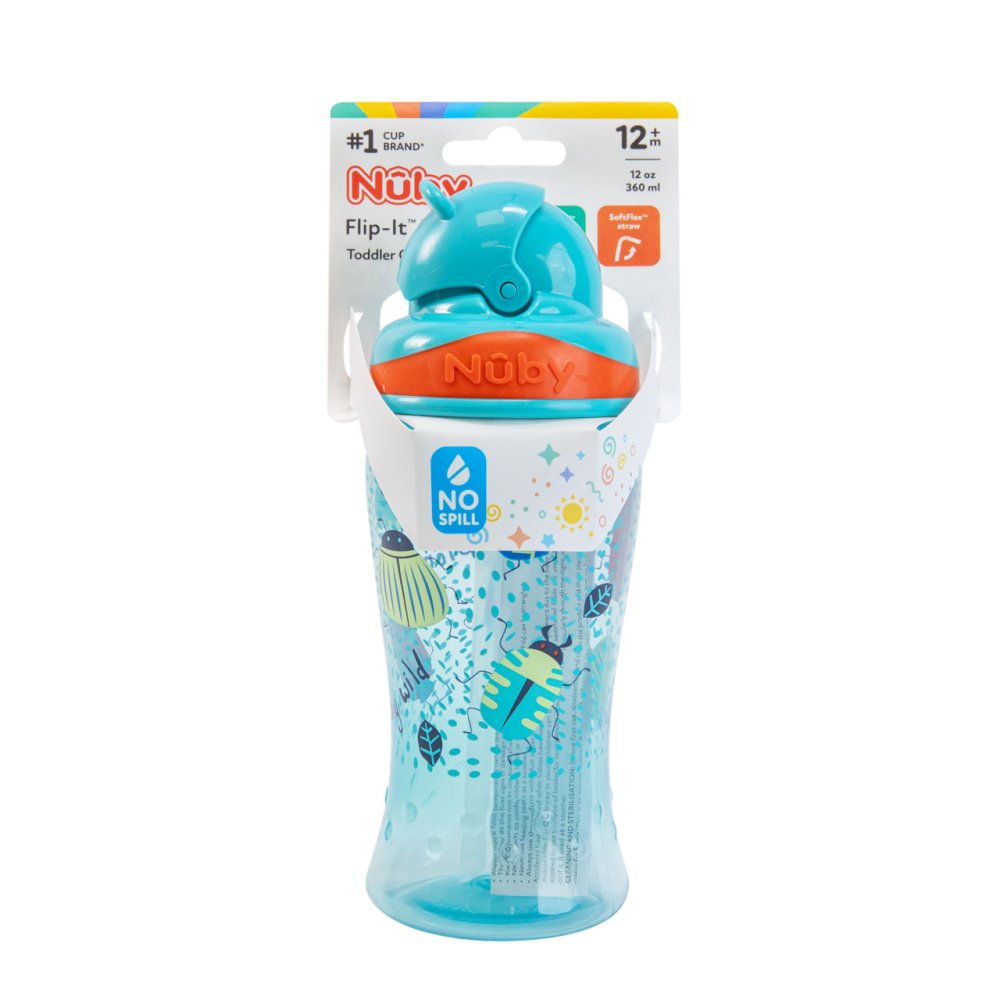 Nûby Flip-It Straw Cup for Children, Drinking Bottle with Straw for Toddlers, BPA-Free, Blue, 360 ml, 12+ Months
