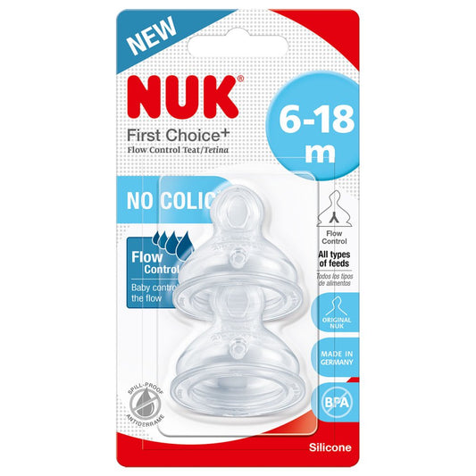 NUK First Choice+ Flow Control Bottle Teat | 6-18 Months | Anti-Colic Valve | BPA | 2 Units