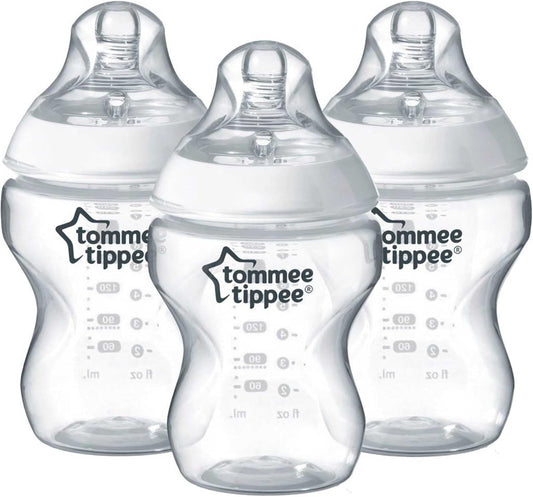 Tommee Tippee Closer to Nature® Baby Bottles, Breast-Like Teat with Anti-Colic Valve, 260ml, Pack of 3, Clear