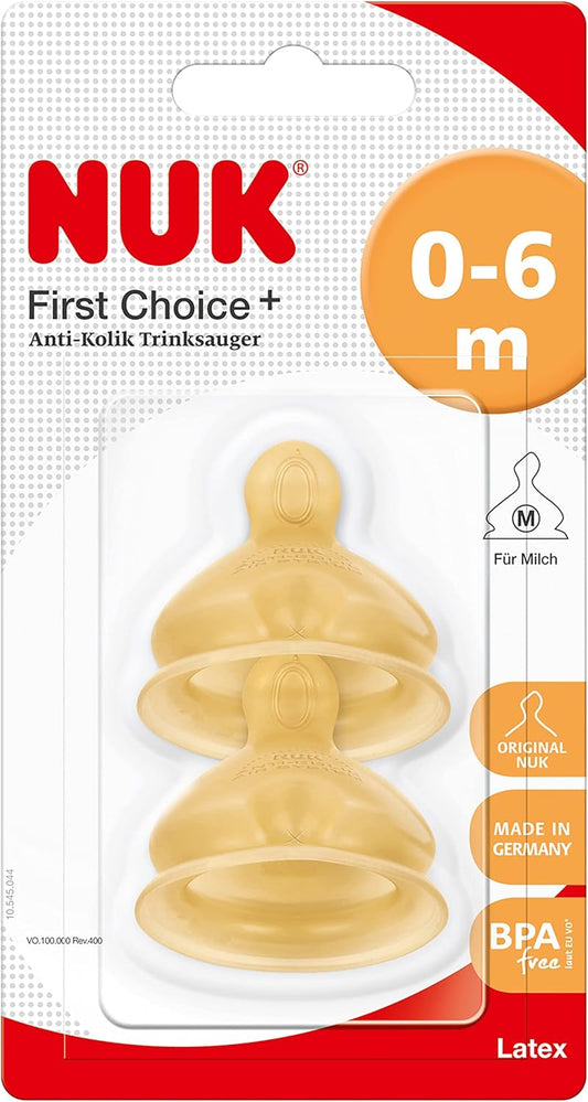 NUK First Choice+ Baby Bottle Teat, 0-6 Months, Latex with Medium Feed Hole, Anti-Colic, 2 Count