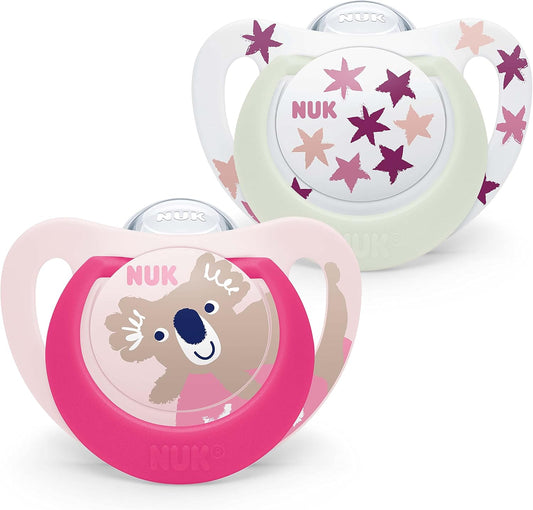 NUK Star Night & Day Baby Pacifier - 6-18 Months - Glow in The Dark Soothers - BPA-Free Silicone - Pink Koala - 2 Pieces