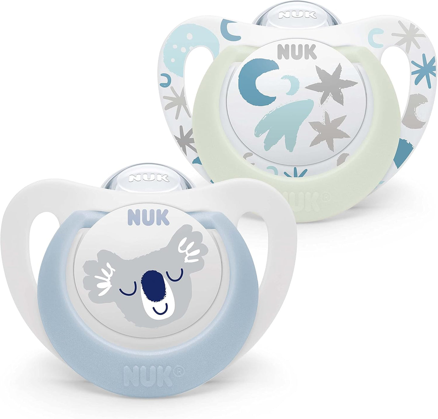 NUK Star Night & Day Baby Pacifier - 0-6 Months - Glow in The Dark Pacifiers - BPA-Free Silicone - Koala Blue - 2 Pieces