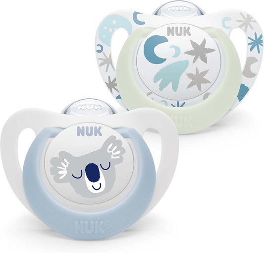 NUK Star Night & Day Baby Pacifier - 0-6 Months - Glow in The Dark Pacifiers - BPA-Free Silicone - Koala Blue - 2 Pieces