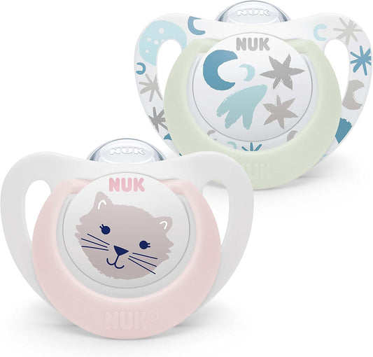 Nuk Star Night & Day Baby Pacifier 0-6 Months Luminous Lollipop BPA Free Silicone Pink Cat 2 Pack