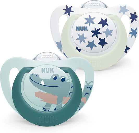 Nuk Star Night & Day Baby Pacifier, 18-36 Months, Glow in The Dark Pacifiers, BPA-Free Silicone, Green Crocodile, 2-Piece