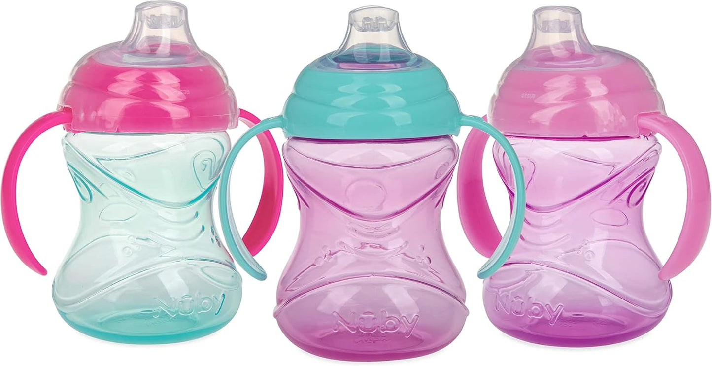 Nuby Clik-It Grip N' Sip Soft Spout No-Spill Training Sippy Cup with Handles - (3-Pack) 10 oz - 4+ Months - Aqua/Pink/Pink