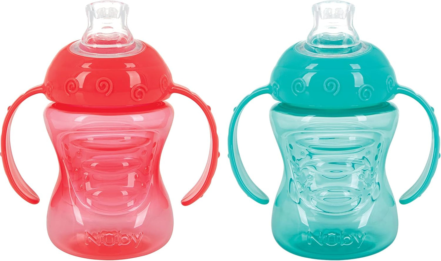 Nuby Plastic 2-Pack Two-Handle No-Spill Super Spout Grip N' Sip Cups, 8 Ounce, Blue and Pink