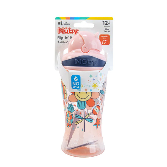 Nûby Flip-It Straw Cup for Children, Drinking Bottle with Straw for Toddlers, BPA-Free, Pink, 360 ml, 12+ Months