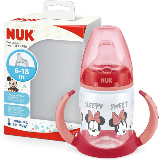 NUK First Choice+ Learning Bottle | 6-18 Months | 150 ml | Anti-Colic Valve | Leak-Proof Drinking Spout | Ergonomic Handles | BPA Free | Disney Minnie Mouse | Red