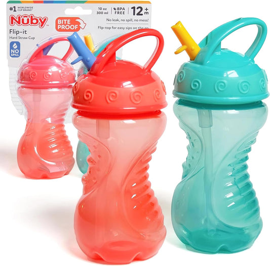 Nuby 2-Pack Flip-It Easy Grip Cups with Easy-Flo Straw, 10 Ounce, Colors May Vary